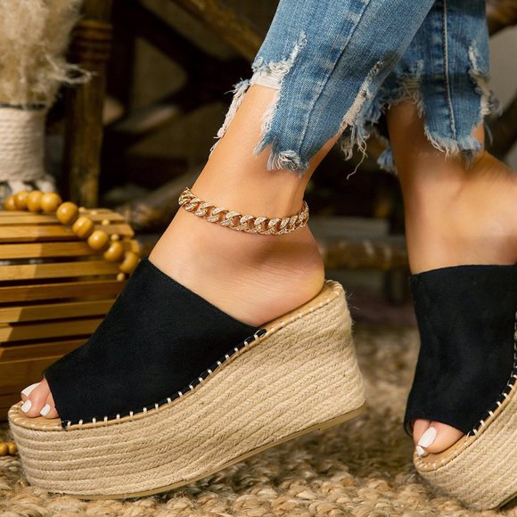 Soda Shoes - NEW🔥 Open Toe Espadrille Slide Sandals Wedge Heel